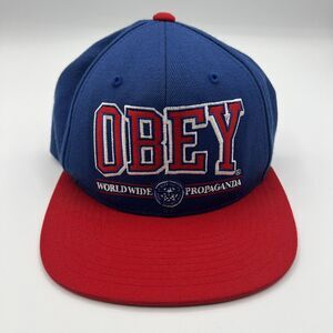 OBEY Worldwide Propaganda Embroidered Hat Blue Red White Flat Brim Snapback